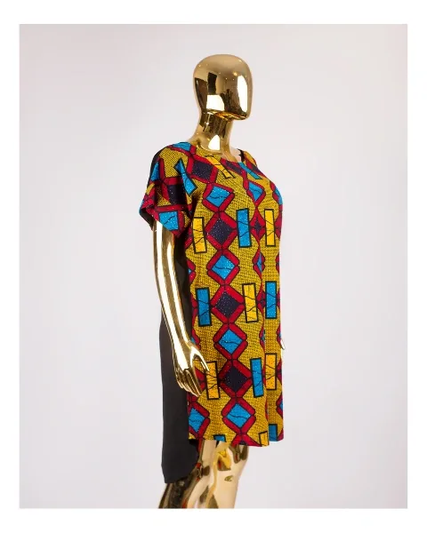 Hi-Lo Uche Dress - Yellow, Blue and Red Mix Pattern.